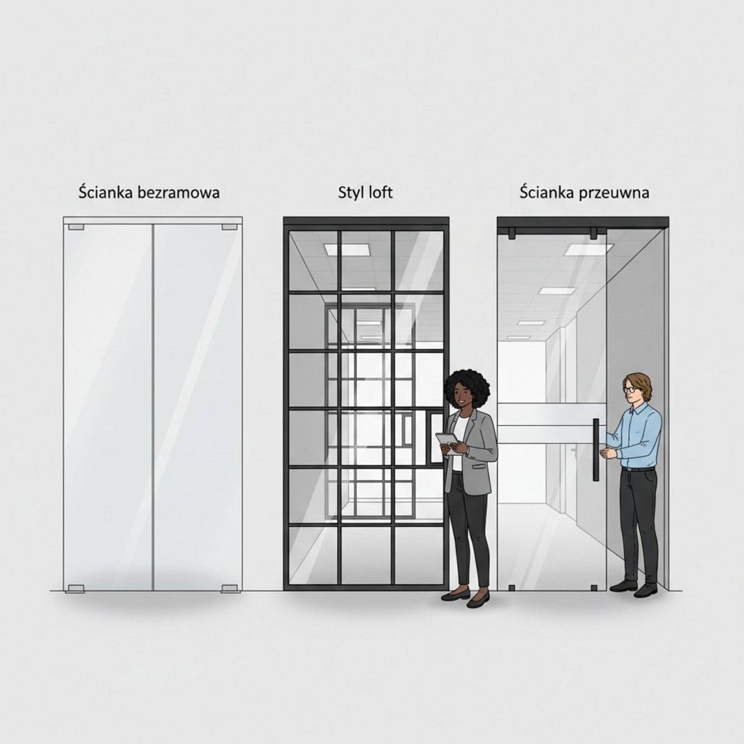 Szkło jako element dzielący w home office: trendy po pandemii 1 Ilustracja przedstawia trzy rodzaje szklanych ścianek działowych w stylu architektonicznym, z opisami. Ukazuje minimalistyczną bezramową ściankę, loftową z metalowymi szprosami oraz funkcjonalną przesuwaną w połowie otwartą, pokazując różnorodność rozwiązań w biurze.